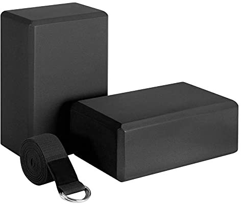 Qiaohome Yoga-Block und Yoga-Gurt-Set, EVA-Schaum, weich, rutschfest, universal, Pilates, Stretching und Workout, Schwarz