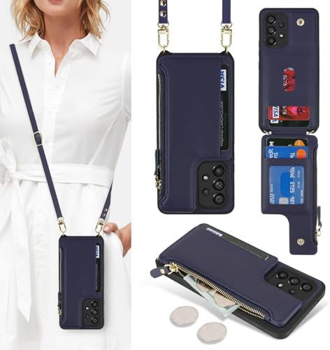 SailorTech Handyhülle für Samsung Galaxy A53 5G Etui mit Kartenfach, Samsung Galaxy A53 5G Hülle mit Verstellbarer Halskette, Samsung A53 5G Handytasche mit Reißverschluss Geldbörse-Blau