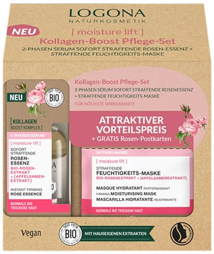 LOGONA Naturkosmetik Kollagen Boost Pflegeset - Straffende Rosen-Essenz 2-Phasen Serum & Feuchtigkeitsmaske mit Bio-Rosenextrakt und Kollagen, Vegane Pflege für ein glatteres Erscheinungsbild