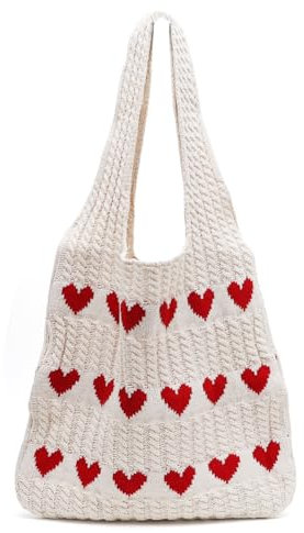 wllqinte Damen Gestrickte Umhängetasche, Gestrickte Tasche Shopper Tasche, Strick Love Handtasche, Strandtasche Aesthetic Tote Bag Schultertasche für Einkaufen Urlaub Reise, Weihnachtsgeschenke