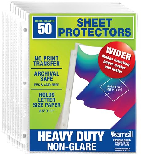 Samsill 50 Pack Heavy Duty Sheet Protectors, Non-Glare, 8.5x11 Inch Page Protectors for 3 Ring Binder, Letter Size Protectors with Reinforced Holes, Non-Glare Protector, Top Loading, Acid Free