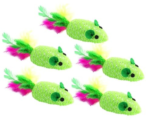 BESPORTBLE Lot De 5 Jouets Souris Tissées avec Plume Jouet pour Chat Interactif Vert Accessoire De Jeu pour Chatons Et Chats D’Intérieur Format 5.12X1.18X1.18in