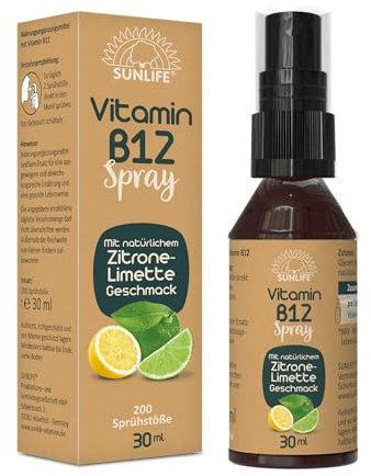 SUNLIFE® Vitamin B12 Spray hochdosiert - Zitrone-Limette Geschmack - 200 Sprühstöße, ohne Alkohol & ohne Zucker - Energie & Nervensystem Unterstützung + vegane Nährstoffe & Vitalboost