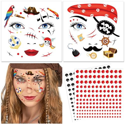 DPKOW Piraten Gesichtstattoos Karneval Piratenkostüm Zubehör, Piraten Temporäre Tattoos Glitzersteine Gesicht Schminke Piraten Accessoires Kinder Halloween Tattoo Gesicht Karneval Faschingskostüme