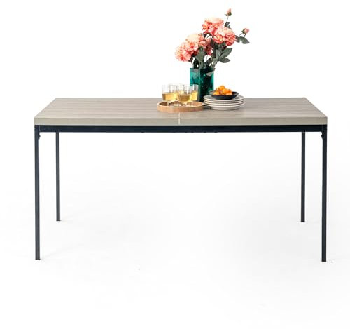FurnitureR Tavolo da pranzo, tavolo da cucina in legno grigio, tavolo da cucina rettangolare con struttura in metallo, con piedini antiscivolo, per sala da pranzo e soggiorno, 150 x 75 x 75 cm