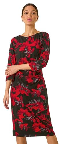 Roman Originals Ruched Waist Dress for Women UK Ladies Side Pleat Winter Autumn Textured Fitted Shift Pencil Smart Lined Stretchy Jersey Work Knee Length Round Neck - Red Noir - Size 18