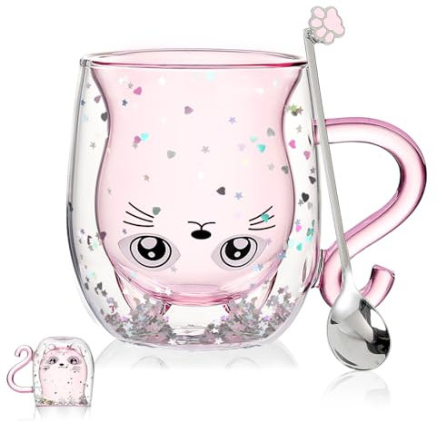 Cadeau Femme Anniversaire Tasse Chat Mignon Verre Double Paroi Tasse à Café Tasse à Thé Cadeau Original Femme Maman Saint Valentin Noël Idée Cadeaux Femme Homme Chat Noir Mug Kawaii