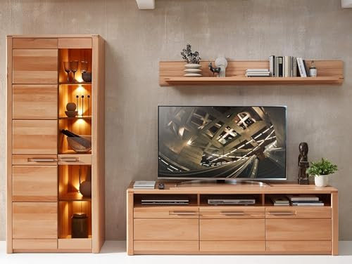 Wohnwand >Nature One< aus Kernbuche teilmassiv mit LED-Clip Beleuchtung, FSC-Zertifiziert, 3-teilig, Lowboard, Stauraumvitrine, Wandboard, Softclose-Türen, modern, ca. 320x203x45cm (BxHxT)