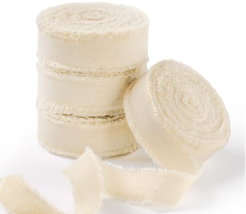 FAKILO Natürliches rustikales Baumwollband mit ausgefranstem Rand, Champagner, 100% Baumwolle, 1,6 cm x 22 m, für Vintage-Hochzeitssträuße, Einladungen, Babypartys, Geschenkverpackungen