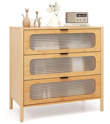 COSTWAY Cassettiera a 3 Cassetti in Bambù e Vetro Temperato, Cassettiera Salvaspazio per Camera da Letto, Credenza per Soggiorno, Ingresso e Corridoio, 80 x 40 x 78,5 cm, Naturale