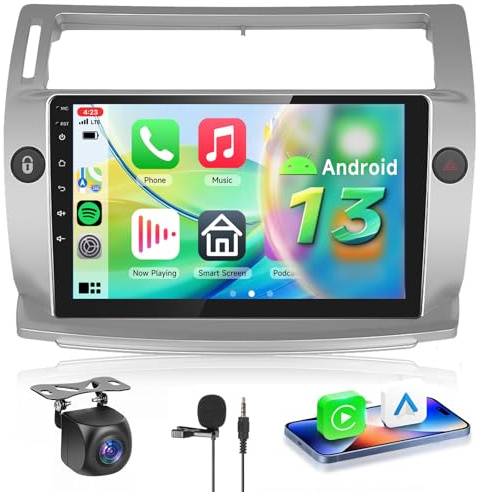 【4+64G】 Hodozzy Carplay Autoradio für Citroën C4 2004-2009 Android Autoradio mit Navi,9 Zoll Touchscreen mit Android Auto/WiFi/GPS/RDS/FM/Bluetooth/USB