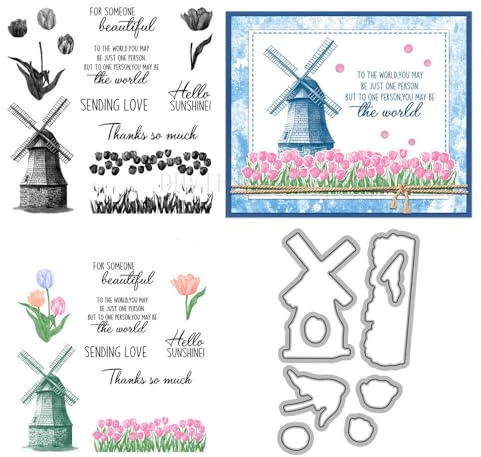 Windmill Stamps and Die Cuts for Card Making Flowers Transparent Silicone Clear Stamp and Metal Cutting Dies Sets for DIY Scrapbooking Paper Crafting Seals Decorative Supplies
