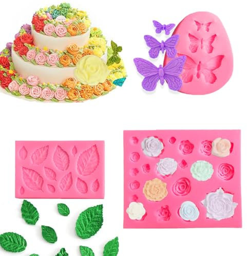 Set di 3 stampi da forno in silicone, 36 cavity, fiori di rosa, farfalle e foglie di fondente, per decorazione di torte, cioccolato e glassa