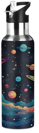 Space Universe Planet Mountain Water Bottle with Straw Insulated Sports Stainless Steel Water Bottle Leakproof Drink Bottles for Kids Girls Boys School Running 600ml