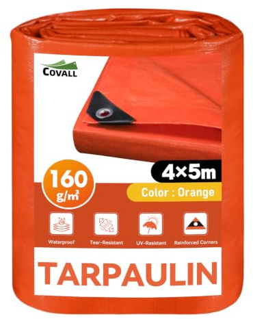 COVALL Plane 4x5m - Abdeckplane mit Ösen 160g/m², Orange Gewebeplane reißfest, wasserdicht, UV-Schutz - für LKW, Holz, Garten, Boot, Camping - Mehrzweck-Schutzplane