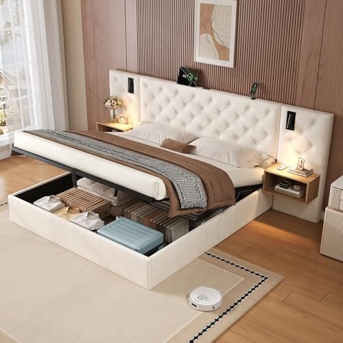ModernLuxe 5FT Upholstered King Size Bed Frame with Built-in Charging Station, Ottoman Bed with Reading Light, Handmade Button-Tufted Wide Headboard and Bedside Storage, Velvet, Beige, 150x200cm