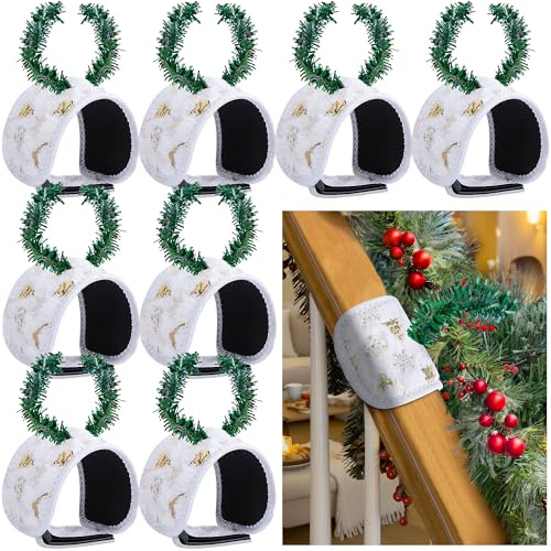 8 Stück Geländerschutz, Weihnachtsgirlande, weiß, dekorative Geländer-Girlanden, Aufhänger, verstellbares Geländer, schützende, gepolsterte künstliche Kiefernstiele, Girlande, Krawatten für