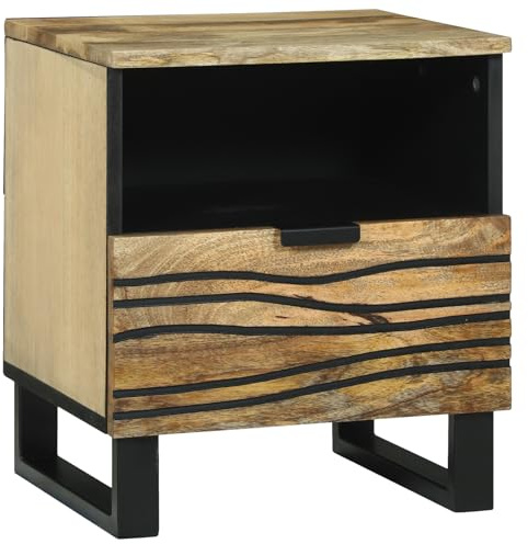 ZQQLVOO Moderner Nachttisch aus massivem Mango-Holz mit Schublade und offenem Regal, Schwarze Akzente, platzsparendes Design für Schlafzimmer, viel Stauraum, robust