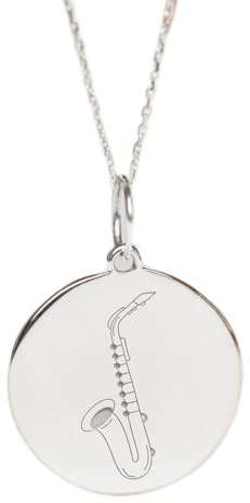 925 Sterling Silber | Halskette mit Saxophon-Anhänger | zierlicher Anhänger mit Musikinstrument | mit 18 Zoll langer Kette. Größe: 24 mm | versilberter handgefertigter Unisex-Schmuck | LKRPS_00247