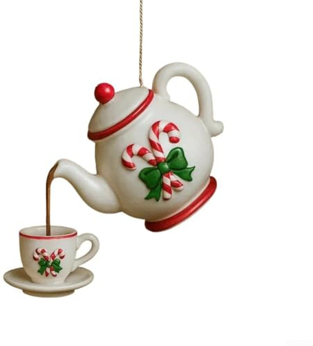 Zilimontt Suspended Teapot And Tea Cup Christmas Ornament With Vintage Charm, Including Festive Holly And Red Berries, Enhances Holiday Decor For Multiple Settings(F)