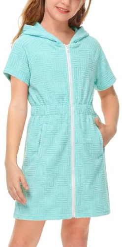 BesserBay Mädchen Kurzarm Frottee Badeponcho mit Kapuze Taschen Elastischer Bund Zip Kinderbademantel Hellblau Gestreift 150