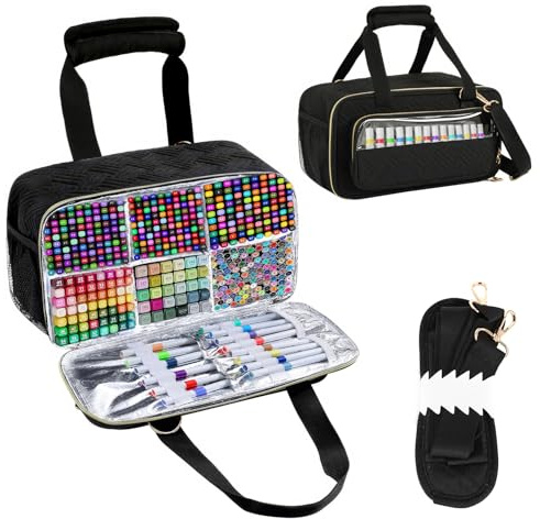 Large Marker Organizer Case up to 220 Markers, 13.4×7.5×7 in | Travel Marker Pen Storage Bag with Shoulder Strap and Foil Liner for Markers, Paint Brushes or Other Art, Black