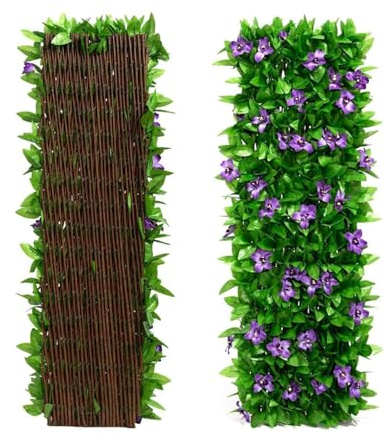 Artificial Ivy Fence Screening, Max 200 * 40cm Expanding Garden Trellis Panels,Balcony Privacy Screen with Artificial Ivy and Violet Flower,Artificial Hedges for Backyard (1PCS-Purple)