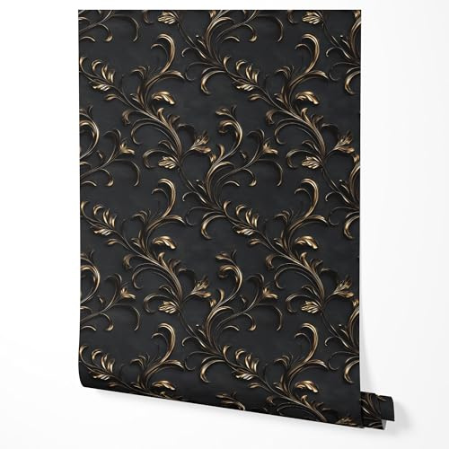 GP TONER Vliestapete Barock Schwarz Gold Ornament Elegante Klassische Tapete Wohnzimmer Schlafzimmer Flur Küche Luxuriöses Design UV-beständige Tapete 5m x 0,5m