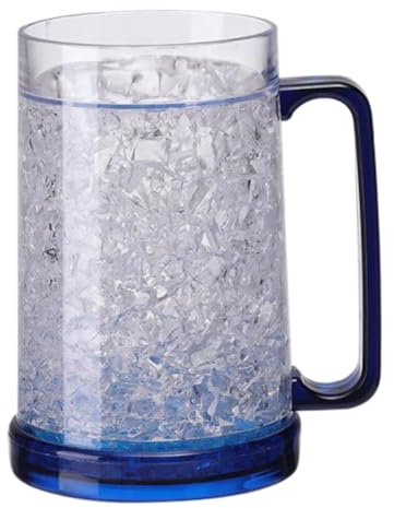 Frozen Beer Mugs for Freezer, Double Wall Ice Cup with Handles, 5.2x6.1 Inch Clear Plastic Frozen Cups with Non Slip Base, Blue, Pool