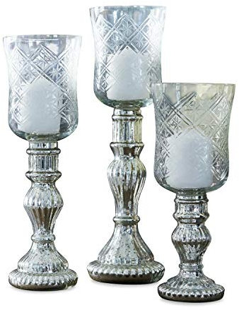 Loberon Windlicht 3er Set Celestin, handgefertigt, feiner Diamantschliff mit kleinen Sternchen, romantischer Shabby-Chic, Kerzenhalter, Glas, antiksilber/klar