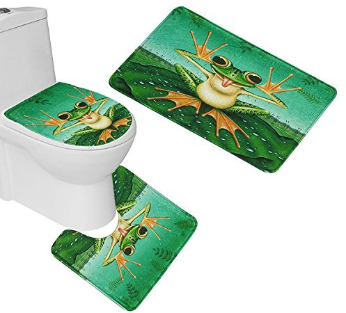 RedBeans 3 Stück WC-Sitz Cover und Set Badezimmer Rutschfeste Ganz Cut Frosch Vorleger Teppich + Deckel WC-Deckelbezug + Badteppich grün