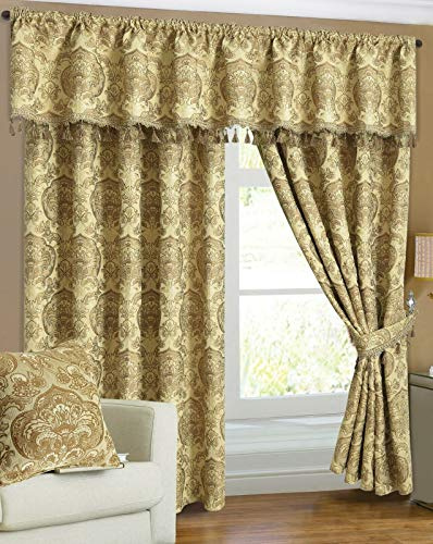 Householdfurnishing Curtain Pair Tieback Heavy Jacquard Pencil Pleat Pelmet (Gold, W 90 x L 72)
