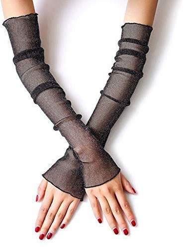Mya Women Girls Ultra-Thin Sheer Glitter Mesh Long Lace Gloves Metallic Shimmer Solid Color Arm Sleeves Ruffles Trim Driving Protectors UV Protection