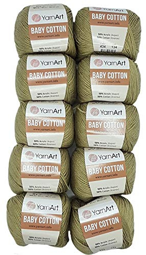 10 x 50g Strickwolle YarnArt Baby Cotton mit 50% Baumwolle, 500 Gramm Wolle einfarbig (oliv 434)
