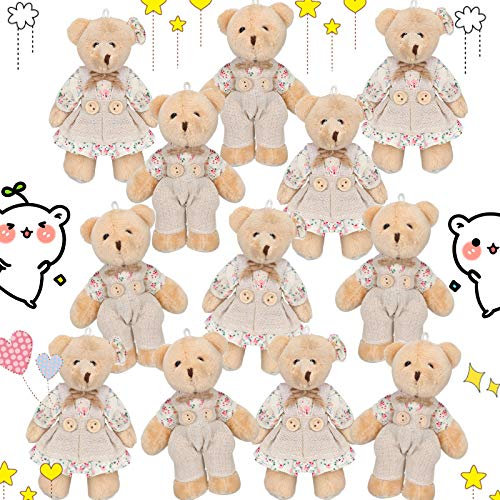 Skylety 12 Stück Mini Bär Kuscheltiere Plüschbären mit Sackleinen Kleidung Kleiner Bär Spielzeug für Geburtstag Hochzeit Dekorationen Weihnachtsfeier Gefallen Lieferungen