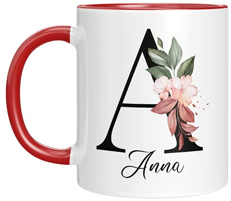 Personalisierte Tasse - Namens-Tasse mit Blumen Motiv - mit Ihrem Anfangsbuchstaben und Namen - personalisiert - Geburtstag - Kaffeetasse - beidseitig bedruckt - Geschenke für Frauen (Rot)
