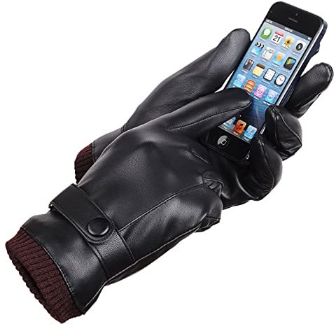 Winter Schwarz PU Lederhandschuhe, Fingerspitzen Bildschirmhandschuhe, wasserdicht und Winddicht Thermo Handschuhe für Outdoor Radfahren