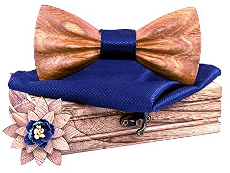 HZQIFEI Jeu de Nœud Papillon, Noeud Papillon en Bois avec Carré de Tissu et Broche en Bois pour Cadeau, Réception, Mariage (C7, 3Pcs)