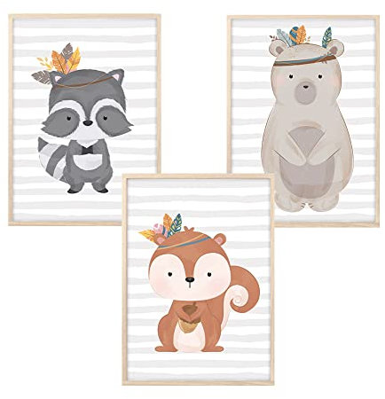 MeinBaby123® Bilder Kinderzimmer | 3er Set DIN A4 Poster Set | Indianer-Tiere Boho Wandbilder | Deko Bilder Kinderzimmer | Babyzimmer Deko | Wandposter Premium (Tiere Boho - Set 1)