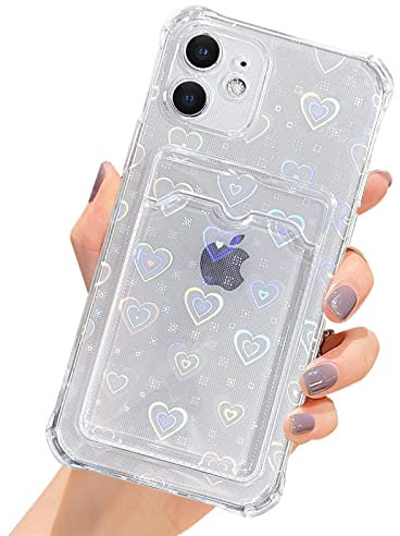 SmoBea Compatible with iPhone 13 Case, Holographic Laser Glitter Bling Heart Card Holder Soft & Flexible TPU Shockproof Cover for Women Girls Heart Pattern Case (Heart/Clear)
