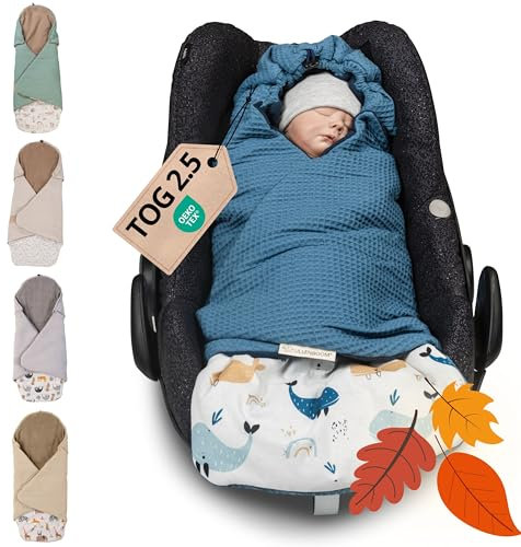 ULLENBOOM Einschlagdecke Babyschale, 100% OEKO-TEX Materialien, Blau-Wale (Made in EU) - Babydecke für Kindersitz oder Kinderwagen, kuschelige Decke für Babys, Ideal für Herbst und Winter