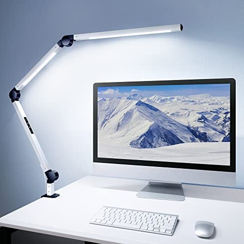 MediAcous LED Desk Lamp, Dual Light Source with Clamp, Dimmable 4 Color Modes & Brightness Swing Arm Eye-Caring Clip-on Architect Lamp Memory Function for Work Study Home Office, White