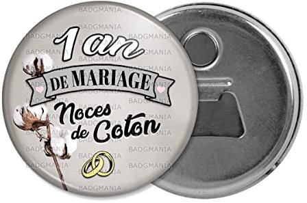 Badgmania Décapsuleur Magnet Aimant | Anniversaire 1 an de Mariage Noces de Coton | Diamètre 5.9cm | Anneaux Mariage | Ouvre Bouteille Réfrigérateur