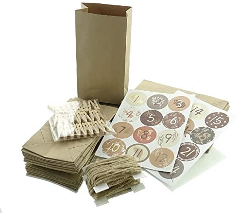 Adventskalender 24 braune Papiertüten mit Holz-Klammern Zahlensticker & Schnur