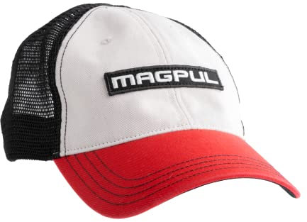 Magpul Uni-Erwachsene Trucker Hat Snap Back Baseball Cap, One Size Fits Most Baseballkappe, Wordmark Garment Washed Stone/Schwarz/Rot, Einheitsgröße
