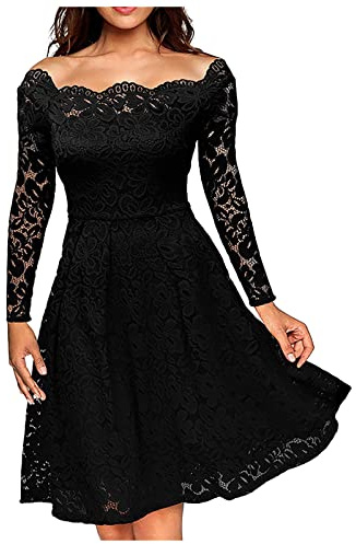 Vasreyy Cocktailkleid Damen Elegant Spitze Langarm Einfarbig A-Linie Kleider Hohe Taille Swing Spitzenkleid Knielang Abendkleid Schöne Ballkleider Sexy Partykleid Frauen Festlich Kleid Midikleid