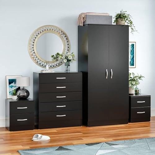 Vida Designs Riano 4 Piece Bedroom Furniture Sets, 2 Door Wardrobe, 5 Drawer Chest & 2 Bedside Cabinets (Black)