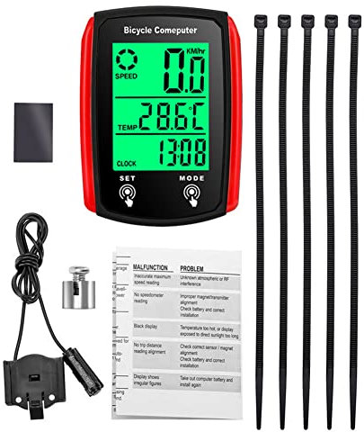 Fahrrad-Tacho, wasserdicht, kabelgebunden, Fahrradcomputer, Kilometerzähler, mit LCD-Display, Multifunktionen, Englisch, 60 x 45 x 20 mm, Rot