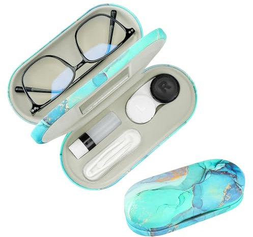Zettokete 2 in 1 Contact Lens and Glasses Case,Double Sided Dual Use Design with Mirror, Tweezer and Contact Lens Solution Bottle,Portable Soak Storage Kit for Travel,Office(Green Marble)