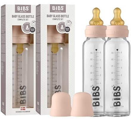 BIBS Baby Glass Bottle 225ml, 2er Pack, Vermindert Koliken, Runder Sauger aus Naturkautschuklatex, Unterstützt das Stillen, Complete Set - 225 ml (Pack of 2), Blush